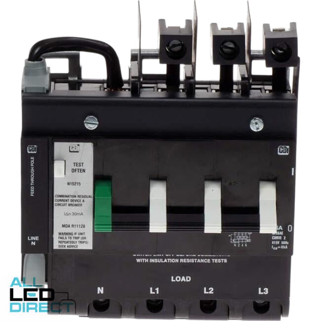 CBI Heinemann 16 Amp Residual Current Device RCD Curve 2 Busbar Mount 4 Pole 6kA 30mA