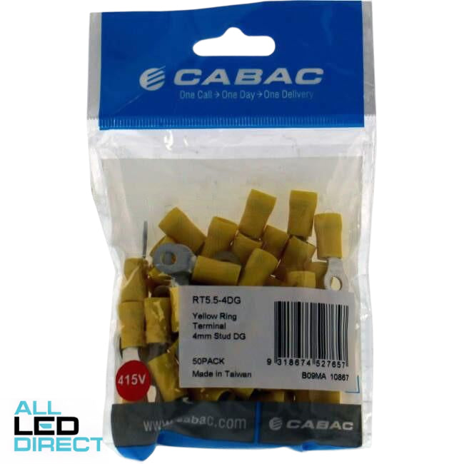 Cabac Stud Ring Terminal Double Grip Suitable For 4mm Cable Yellow Packet of 50