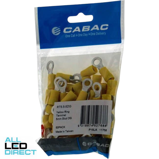 Cabac Stud Ring Terminal Double Grip Suitable For 5mm Cable Yellow Packet of 50