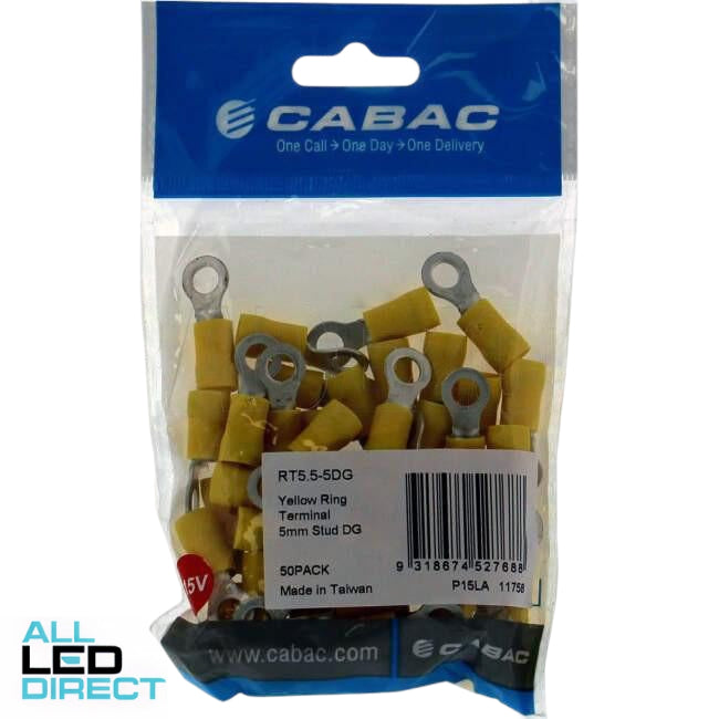 Cabac Stud Ring Terminal Double Grip Suitable For 5mm Cable Yellow Packet of 50