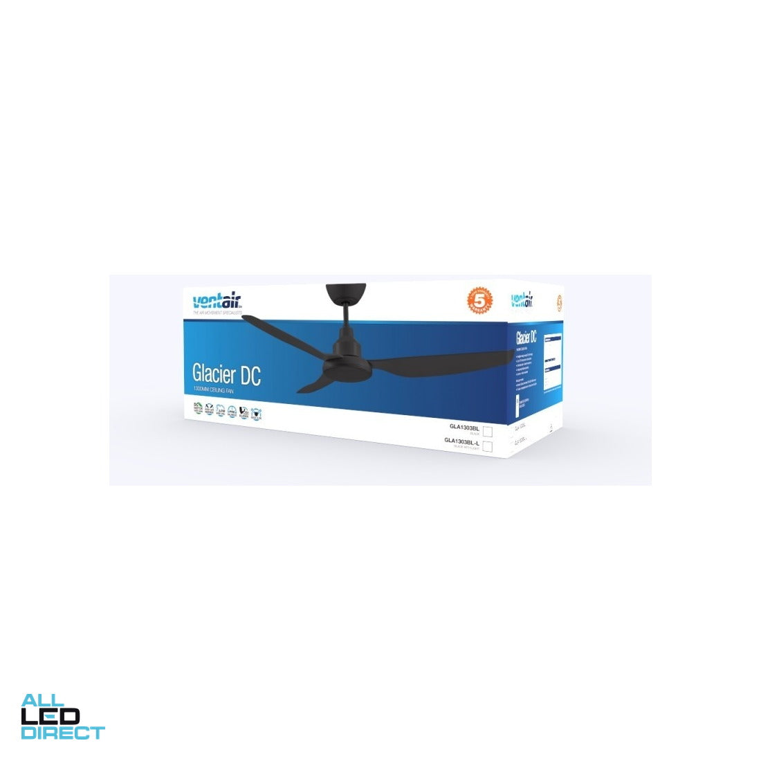 Ventair 1300mm (52') GLACIER DC 3 Blade Ceiling Sweep Fan With Glass Fibre Composite Blades Black ALL LED Direct
