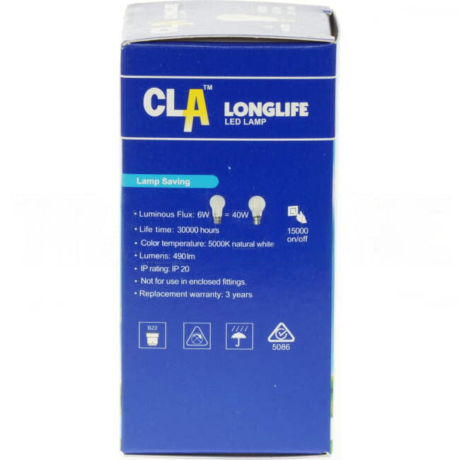 CLA 6 Watt LED Lamp With BC/B22 Connection 5000k