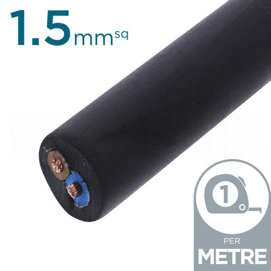 Power Flex Cables Cables 1.5mm 2 Core H07 Rubber Insulated Cable Black Per Metre