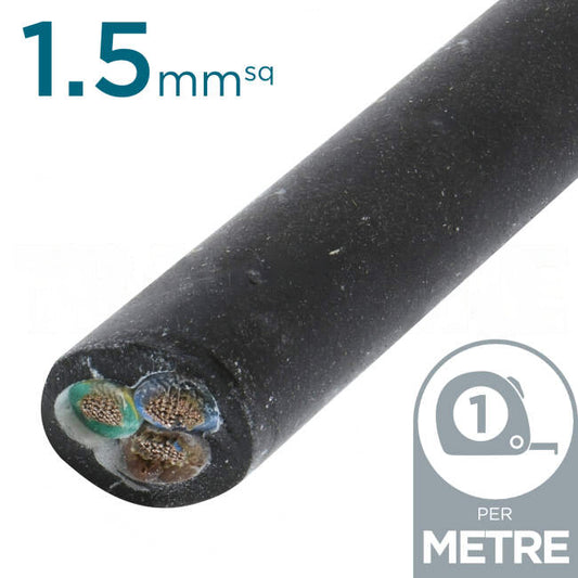 Power Flex Cables 1.5mm 2 Core & Earth H07 Rubber Insulated Cable Black Per Metre