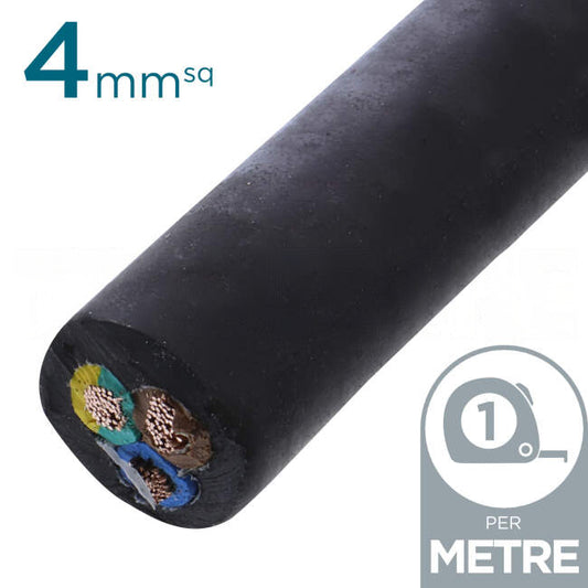 Power Flex Cables 4mm 2 Core & Earth H07 Rubber Insulated Cable Black Per Metre