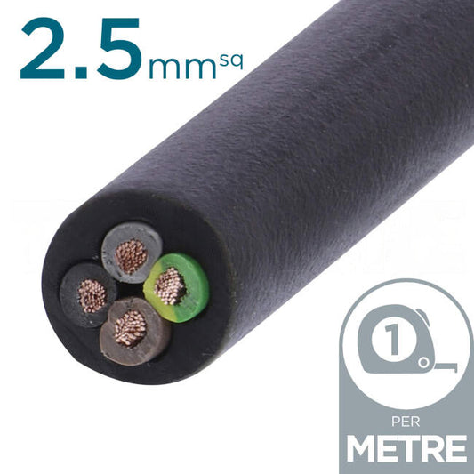 Power Flex Cables 2.5mm 3 Core & Earth H07 Rubber Insulated Cable Black Per Metre