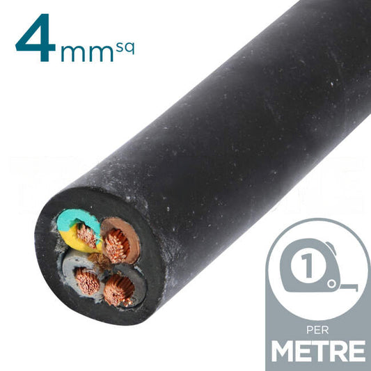 Power Flex Cables 4mm 3 Core & Earth H07 Rubber Insulated Cable Black Per Metre