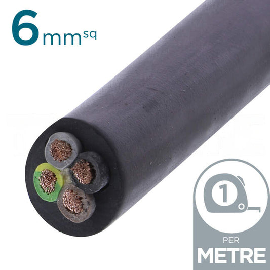 Power Flex Cables 6mm 3 Core & Earth H07 Rubber Insulated Cable Black Per Metre