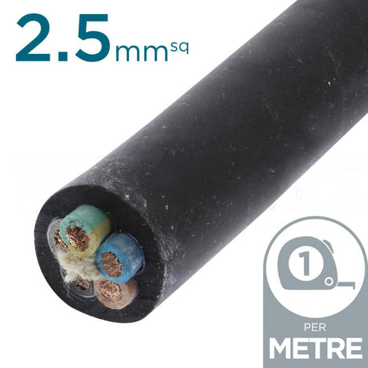 Power Flex Cables 2.5mm 4 Core & Earth H07 Rubber Insulated Cable Black Per Metre