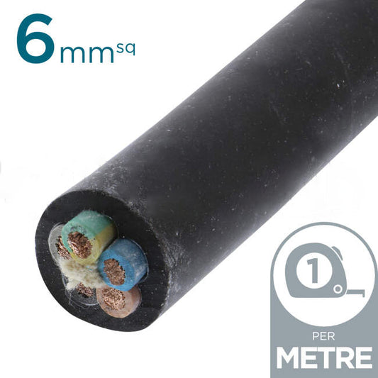 Power Flex Cables 6mm 4 Core & Earth H07 Rubber Insulated Cable Black Per Metre