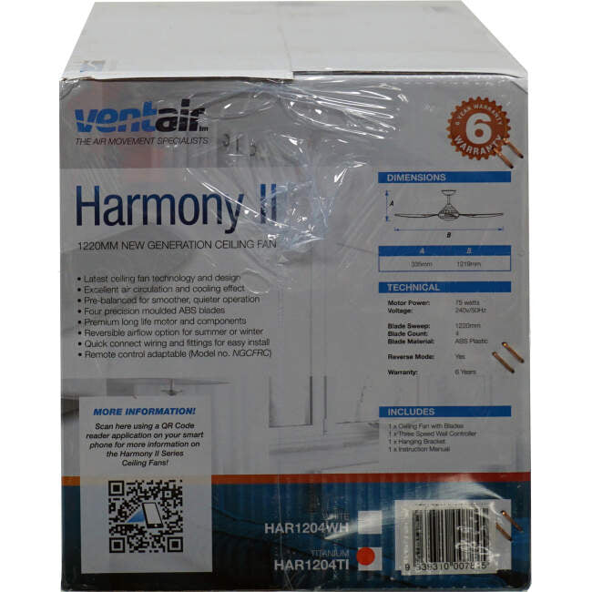 Ventair 1220mm (48') HARMONY II 4 Blade Ceiling Sweep Fan With Moulded ABS Blades Titanium