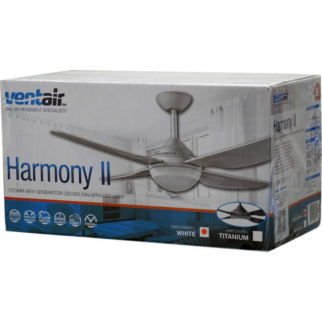 Ventair 1220mm (48') HARMONY II 4 Blade Ceiling Sweep Fan With Moulded ABS Blades & LED Light White