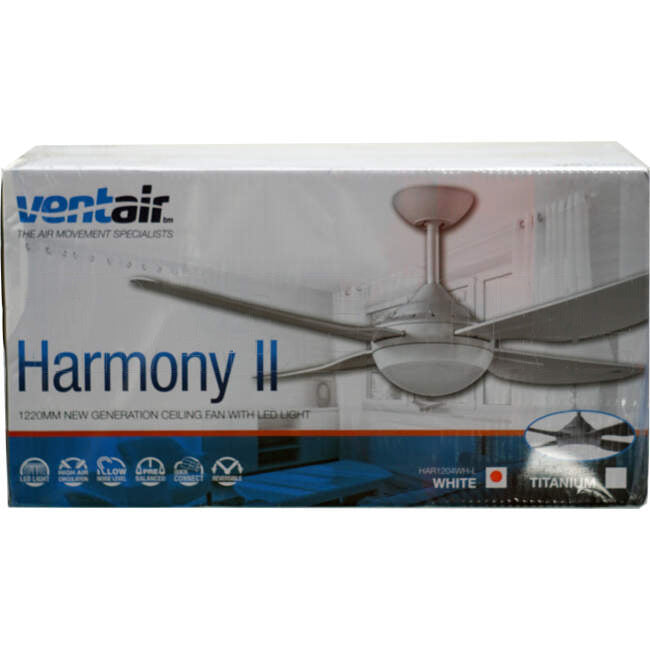 Ventair 1220mm (48') HARMONY II 4 Blade Ceiling Sweep Fan With Moulded ABS Blades & LED Light White