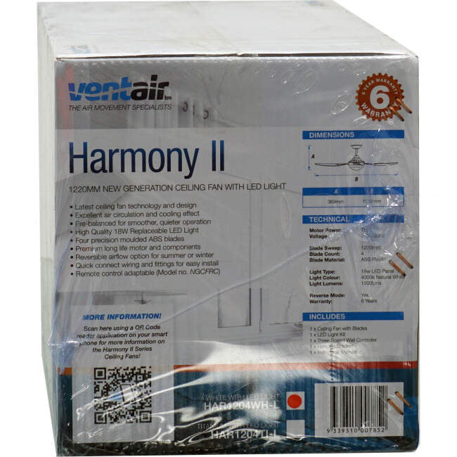 Ventair 1220mm (48') HARMONY II 4 Blade Ceiling Sweep Fan With Moulded ABS Blades & LED Light White