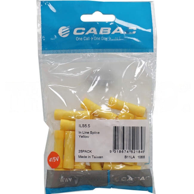 Cabac Inline Splice Suitable For 4mm - 6mm Cable Yellow Packet Of 25