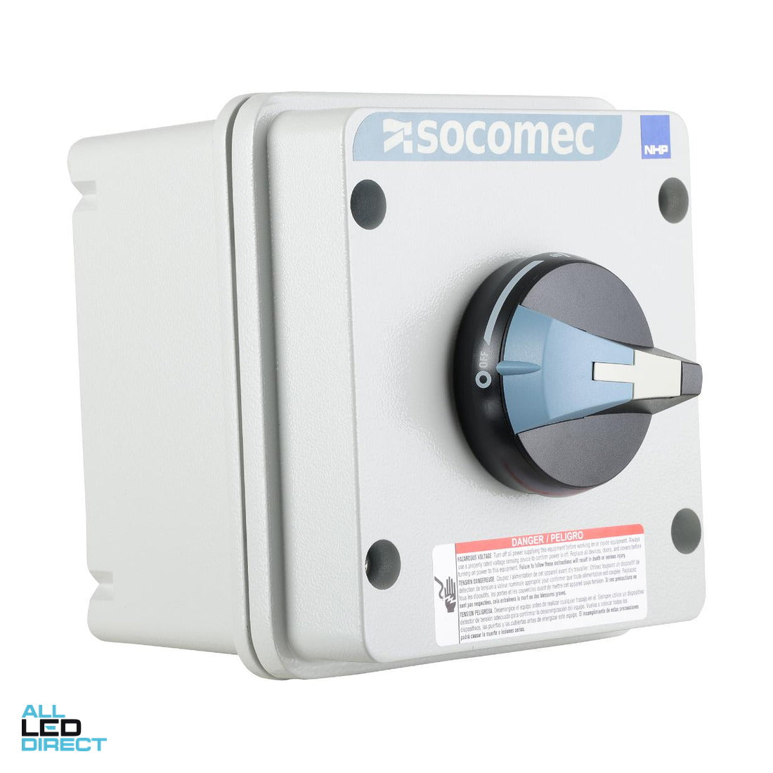NHP 40 Amp 3 Pole IP66 ISOSWITCH Industrial Isolator Enclosed Aluminium Grey With Blue Handle ALL LED Direct