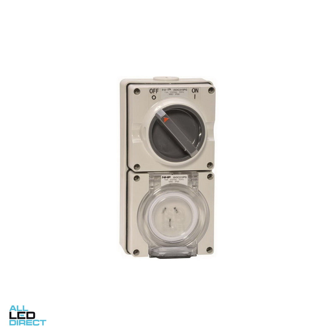 NHP 15 Amp Single Phase 3 Flat Pins Industrial Switched Outlet Grey ALL LED Direct