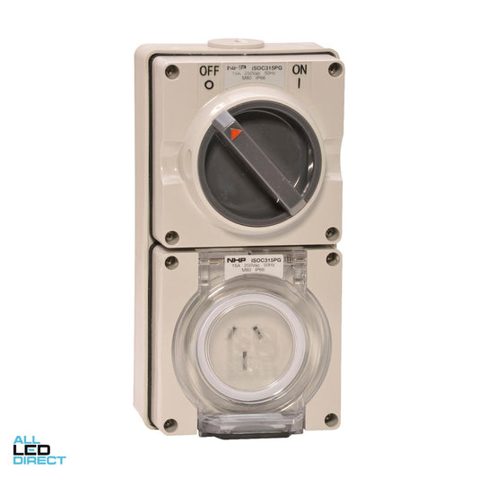 NHP 20 Amp Single Phase 3 Flat Pins Industrial Switched Outlet Grey ALL LED Direct