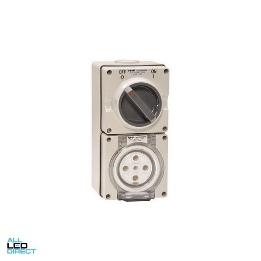 NHP 32 Amp 3 Phase 5 Round Pins Industrial Switched Outlet Grey ALL LED Direct