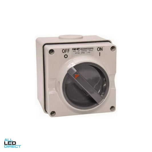 NHP 32 Amp 3 Pole IP66 Industrial Isolator Grey ALL LED Direct