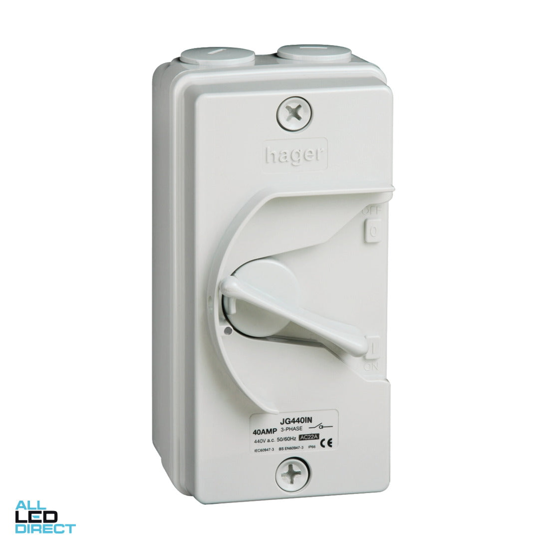 Hager 40 Amp 3 Pole IP66 Industrial Isolator With Switch Neutral ALL LED Direct