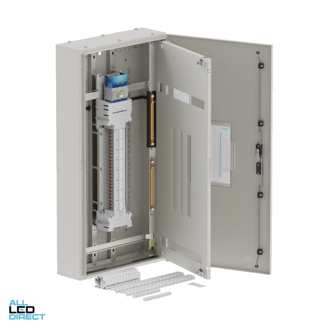 Hager 48 Pole APEXPLUS Distribution Board With 250 Amp Chassis & Isolator Main Switch IP43 ALL LED Direct