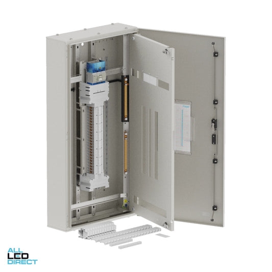 Hager 48 Pole APEXPLUS Distribution Board With 250 Amp Chassis & Isolator Main Switch IP43 ALL LED Direct