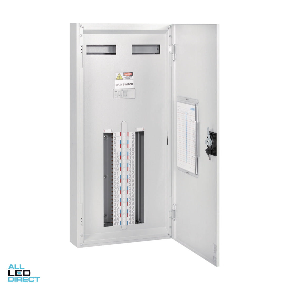 Hager 48 Pole INVICTA Distribution Board With 250 Amp Chassis & Isolator Main Switch IP30 ALL LED Direct
