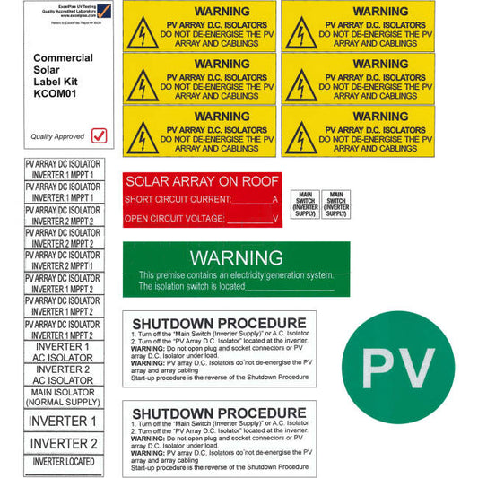 Industrial Engraving Solutions 27 Piece Commercial Solar Sticker Label Kit For Installers Using 2 Inverters