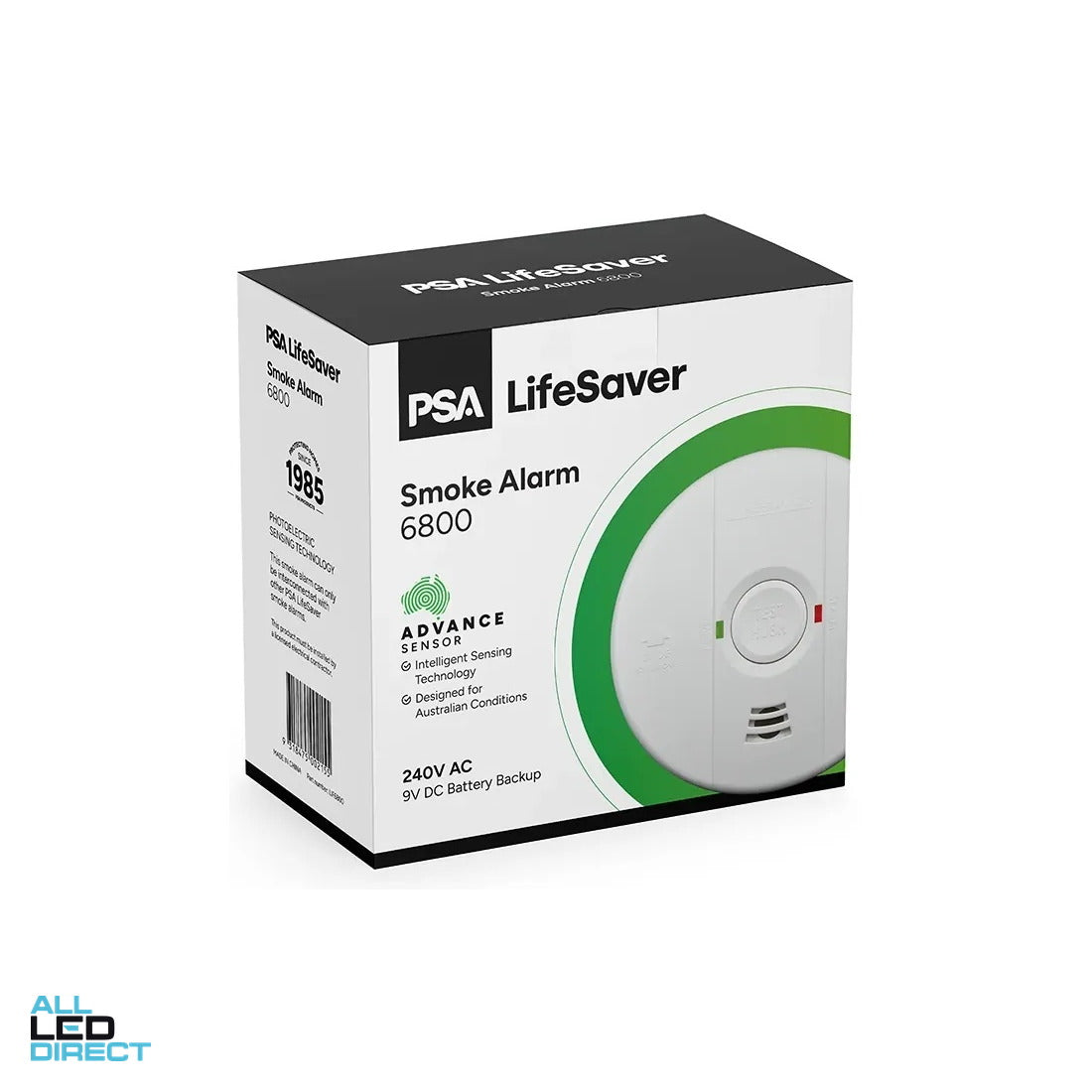 PSA 240 Volt Surface Mounted Mains Powered Smoke Alarm With 9 Volt Battery Backup & Advance Sensor ALL LED Direct