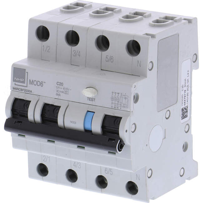 NHP 20 Amp Miniature Circuit Breaker & Residual Current Device MCB/RCD RCBO C Curve 4 Pole 6kA 30mA