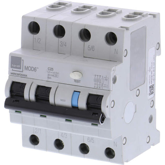 NHP 25 Amp Miniature Circuit Breaker & Residual Current Device MCB/RCD RCBO C Curve 4 Pole 6kA 30mA