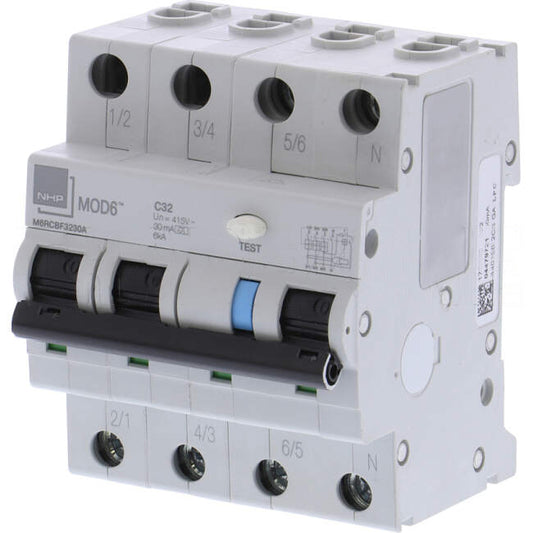 NHP 32 Amp Miniature Circuit Breaker & Residual Current Device MCB/RCD RCBO C Curve 4 Pole 6kA 30mA