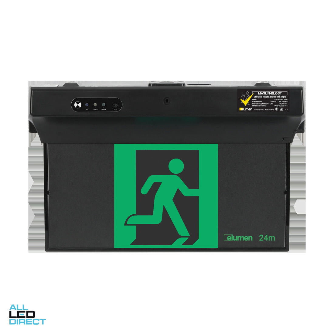 Elumen 7 W Surface Mounted Black Blade Emergency LED Exit Light with Self Testing Technology ALL LED Direct