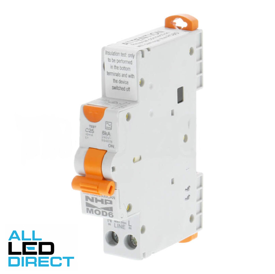 NHP 25 Amp MOD6+ Miniature Circuit Breaker MCB C Curve 1 Pole 6kA