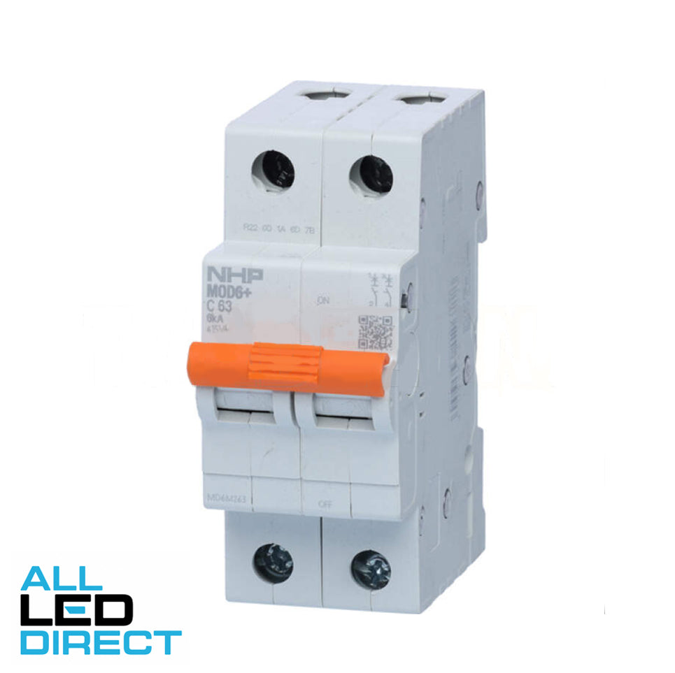 NHP 63 Amp MOD6+ Miniature Circuit Breaker MCB C Curve 2 Pole 6kA