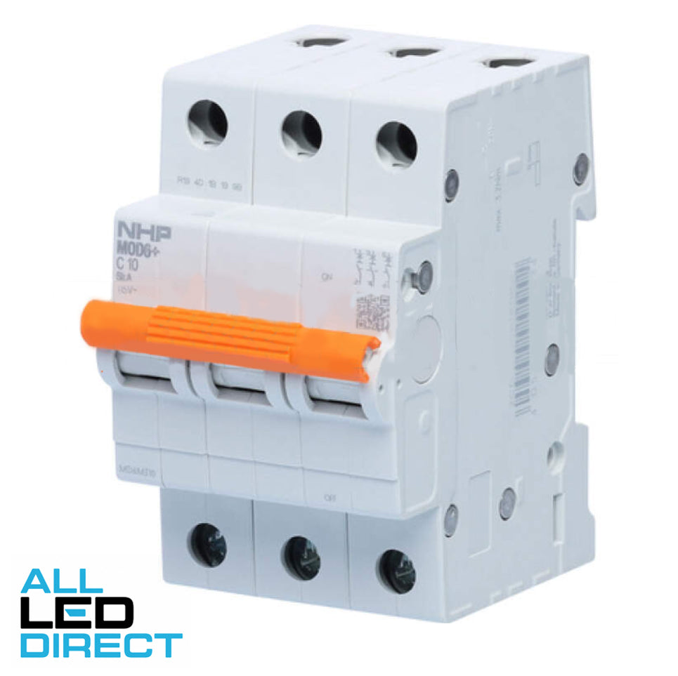 NHP 10 Amp MOD6+ Miniature Circuit Breaker MCB C Curve 3 Pole 6kA