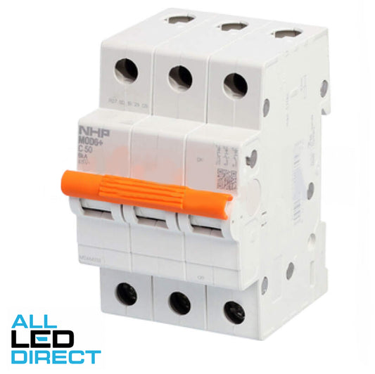 NHP 50 Amp MOD6+ Miniature Circuit Breaker MCB C Curve 3 Pole 6kA