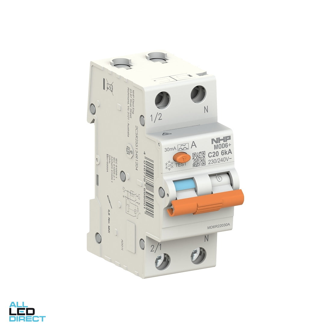 NHP 25 Amp MOD6+ MCB/RCD RCBO C Curve 1 Pole + Neutral 6kA 30mA Type A ALL LED Direct