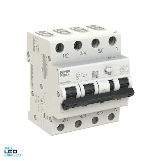 NHP 25 Amp MOD6+ MCB/RCD RCBO C Curve 3 Pole + Neutral 30mA 6kA Type A ALL LED Direct