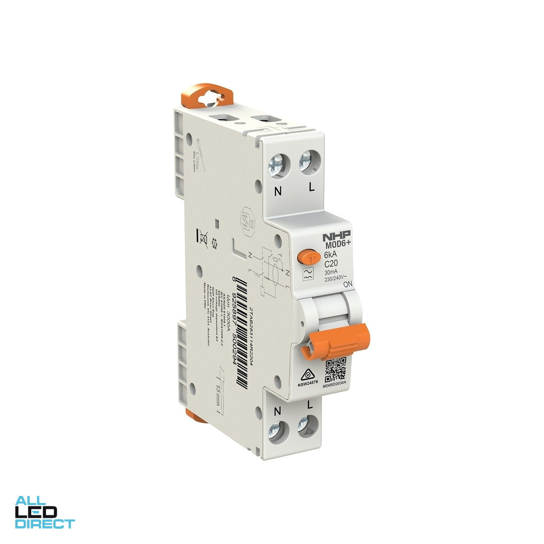 NHP 10 Amp MOD6+ MCB/RCD RCBO C Curve 1 Pole + Neutral 6kA 10mA Type A (2 Screw) ALL LED Direct