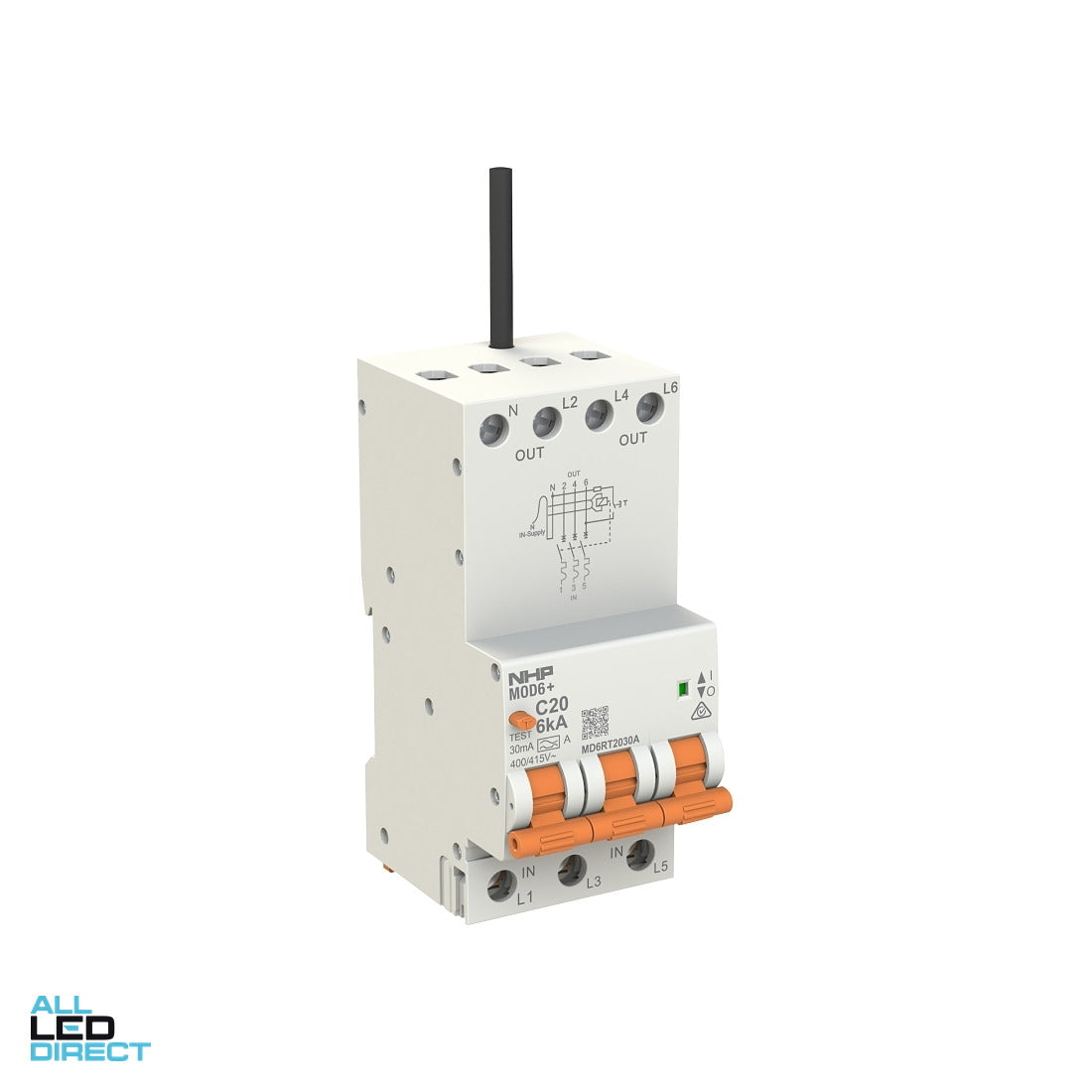 NHP 50 Amp MOD6+ Longbody MCB/RCD RCBO C Curve 3 Pole + Neutral 30mA 6kA Type A ALL LED Direct