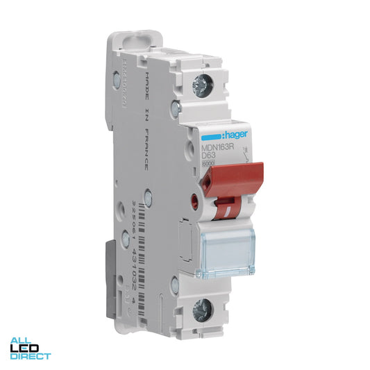 Hager 63 Amp Miniature Circuit Breaker MCB D Curve 1 Pole 6kA With Red Toggle ALL LED Direct
