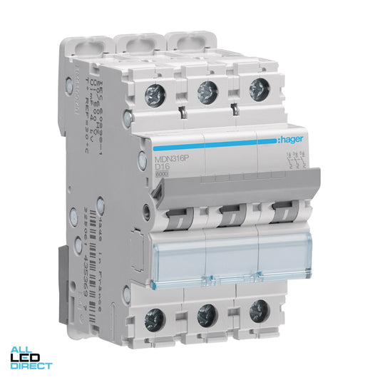 Hager 16 Amp Miniature Circuit Breaker MCB D Curve 3 Pole 6kA ALL LED Direct