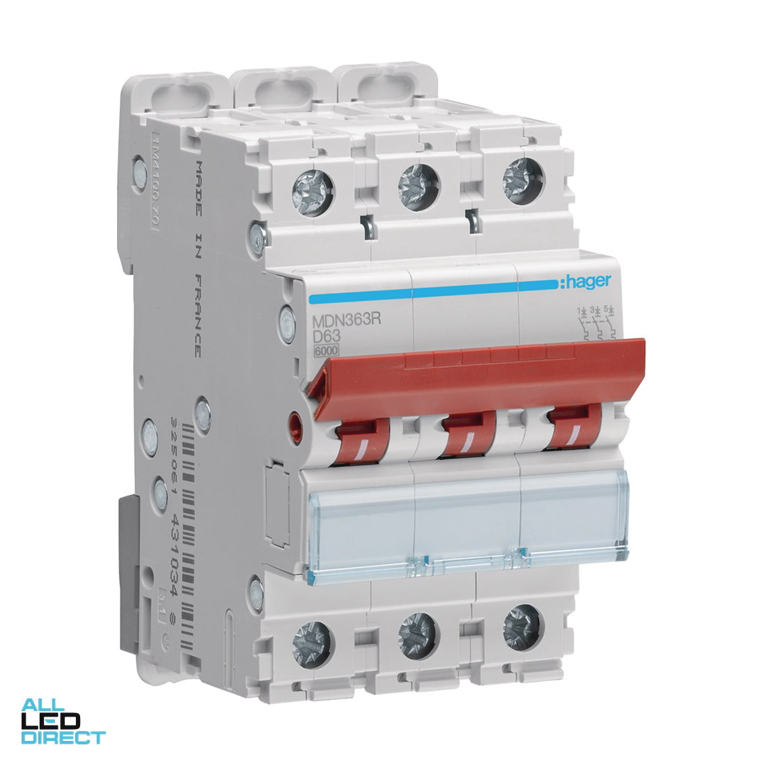 Hager 63 Amp Miniature Circuit Breaker MCB D Curve 3 Pole 6kA With Red Toggle ALL LED Direct