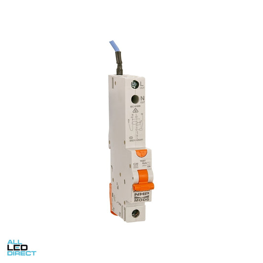 NHP 20 Amp MOD6 Miniature Circuit Breaker & Residual Current Device MCB/RCD RCBO C Curve 1 Pole 6kA 30mA ALL LED Direct