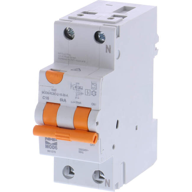 NHP 16 Amp MOD6 Miniature Circuit Breaker & Residual Current Device MCB/RCD RCBO C Curve 2 Pole 6kA 30mA