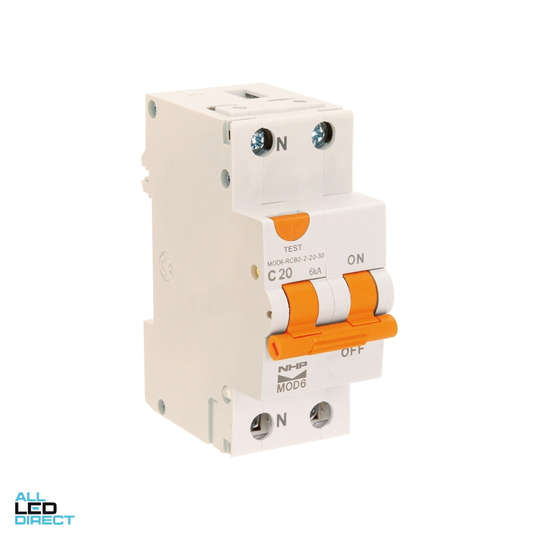NHP 32 Amp MOD6 Miniature Circuit Breaker & Residual Current Device MCB/RCD RCBO C Curve 2 Pole 6kA 30mA Type A ALL LED Direct