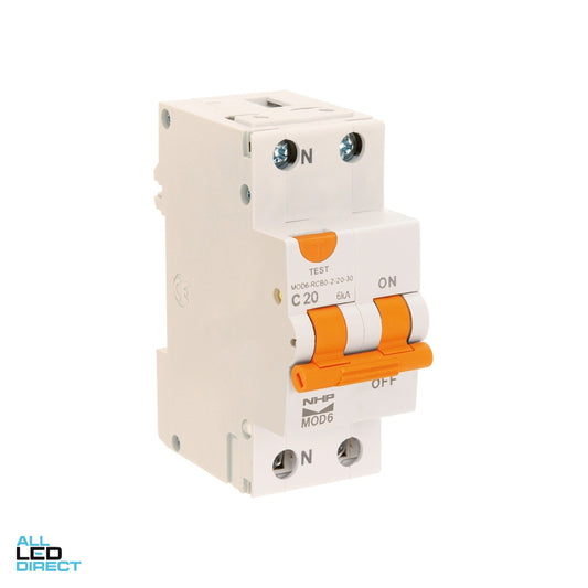 NHP 32 Amp MOD6 Miniature Circuit Breaker & Residual Current Device MCB/RCD RCBO C Curve 2 Pole 6kA 30mA Type A ALL LED Direct