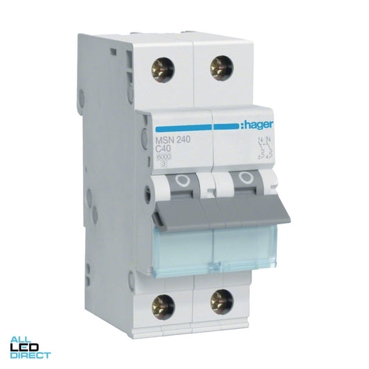 Hager 40 Amp Miniature Circuit Breaker MCB C Curve 2 Pole 6kA ALL LED Direct